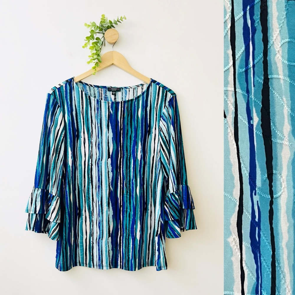 Cocomo Blue Striped Spandex Blend Ruffle Sleeves Blouse